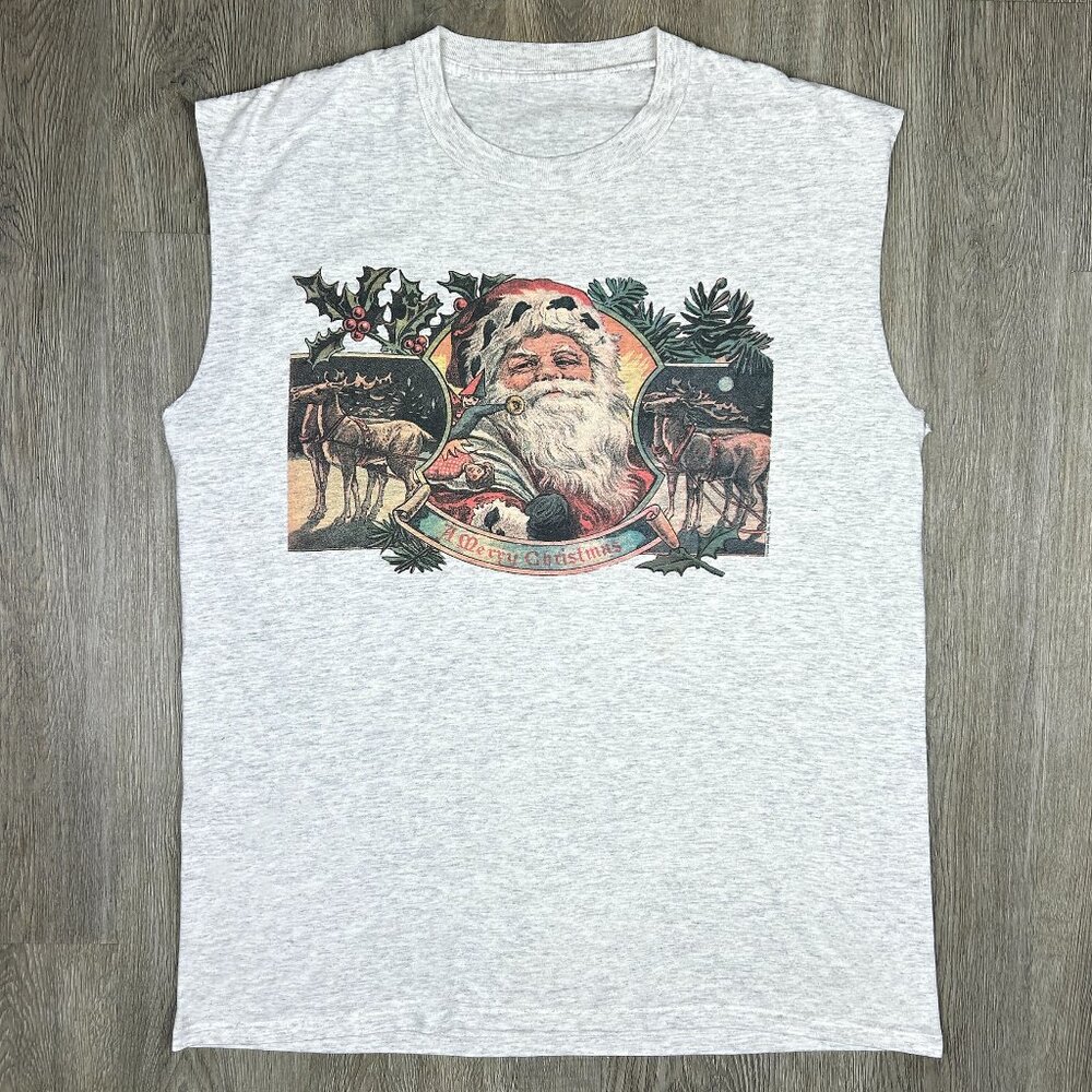 Vintage Merry Christmas Santa Single Stitch Sleeveless T Shirt, Muscle Tee